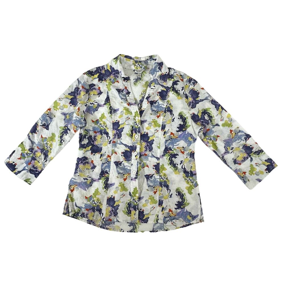 Harve Benard Womens‎ Linen Blend Top Size Large Watercolor Floral Button Up - Picture 6 of 9